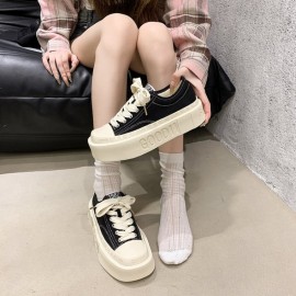 Women'S Chunky Platform Shoes - Low-Top Lace-Up Shoes with Cushioned Insole, Non-Slip Rubber Sole - Beige/White/Black/ - Everyday & Formal Outfits
