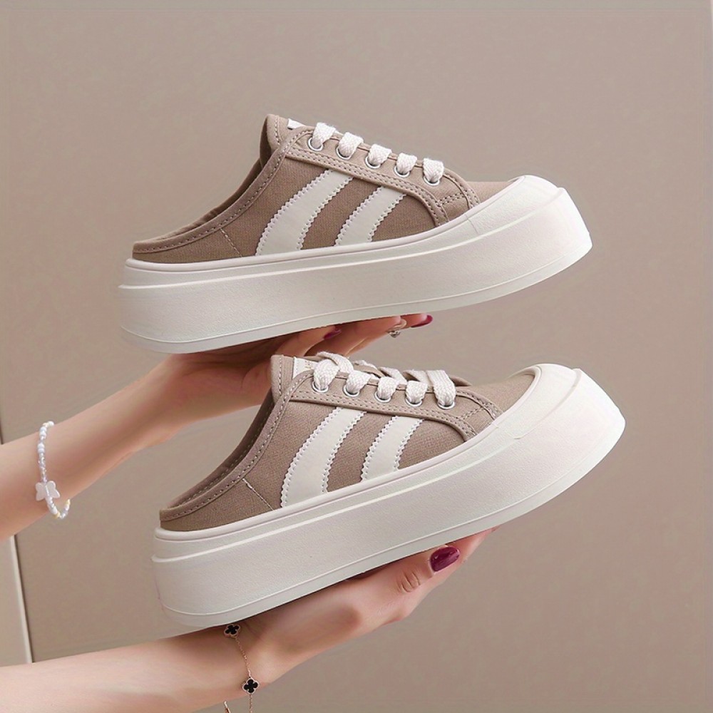 Beige Canvas Sneakers with White Laces - Round Toe, Rubber Sole, All-Season Comfort Shoes for Casual Attire, Casual Footwear | Round Toe Sneakers | Rubber Sole Shoes