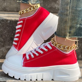 Round-Toed Thick-Soled Platform Shoes Paired with Lace-Up Solid Color Casual Sneakers