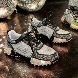 [Stylish Sneakers for Women] Stylish Women's Glittery Rhinestone-Embellished Low-Top Sneakers | Breathable PU Cover, Thick Cushioned Sole, Lace-Up Casual Shoes for All-Season Comfort, Ladies Sneakers, Comfortable Footwear, Durable Footwear