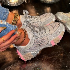 [Stylish Sneakers for Women] Stylish Women's Glittery Rhinestone-Embellished Low-Top Sneakers | Breathable PU Cover, Thick Cushioned Sole, Lace-Up Casual Shoes for All-Season Comfort, Ladies Sneakers, Comfortable Footwear, Durable Footwear