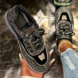 Women'S Glittery Low-Top Sneakers - All-Season Lace-Up Shoes with Sparkling Accents, Breathable Fabric Upper & Durable Rubber Sole for Casual Outdoor Wear, Ladies Sneakers