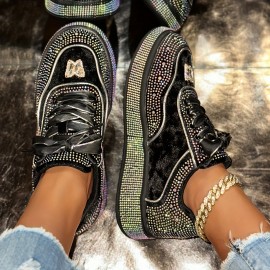 Women'S Glittery Low-Top Sneakers - All-Season Lace-Up Shoes with Sparkling Accents, Breathable Fabric Upper & Durable Rubber Sole for Casual Outdoor Wear, Ladies Sneakers
