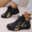 Women'S Comfortable Casual Sneakers - Stylish Black & Golden Dragon Design, Breathable Fabric & Synthetic Upper, Durable Rubber Sole, Lace-Up Low-Top Running Shoes for All-Season Wear, Ladies Sneakers