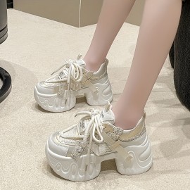 Light Purple Thick-Soled Sneakers with Glitter, Lace-Up Design, Fresh Sweet Style, Fashionable Versatile Casual Women's Shoes