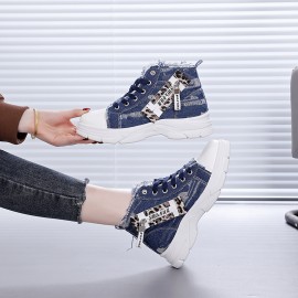 Women'S Chunky Platform Sneakers - Lace-Up High-Top Shoes with Non-Slip Rubber Sole, All-Season Casual Shoes for Everyday & Formal Outfits - Durable Canvas Upper & Cushioned Insole - Easy-Clean White Shoes for Women, Ladies Sneakers, Versatile Footwear, Trendy Footwear, Comfortable Fit, Fashionconscious Buyers, Streetwear Style, Breathable Fabric, Fashionconscious Women, Shoe For Women, Sneaker For Women
