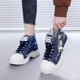 [Distressed High-Top Sneakers] Distressed High-Top Sneakers for Women | Fashion Casual Style, Thick Sole, Lace-Up Closure, All-Season Wear - Blue Jean Styl