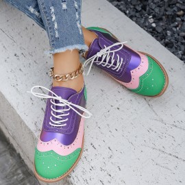 Women's Large Size Brogue Lace-Up Shoes - Vibrant Purple/Pink/Green/Black/Golden/Blue/Pinkish-Purple/Greenish-Purple, Round Toe Low-Top Ankle Boots with PU/PVC Sole, All-Season Casual & Formal Dress Shoes for Everyday & Special Occasions, Comfortable & Durable with EVA/Rubber Insole, PVC Lining, and Stylish Brogue Detailing for a Chic Look, Extra Wide Width Shoes for Women, Womens Casual Sneakers, Wide Fit Shoes for Women Plus Size, Coloured Sneakers for Women,