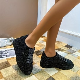 Women'S Sparkling Rhinestone Low-Top Sneakers - Comfortable & Durable Casual Shoes with Lace-Up Closure, Round Toe, and Rubber Sole for All-Day Wear, Ladies Sneakers