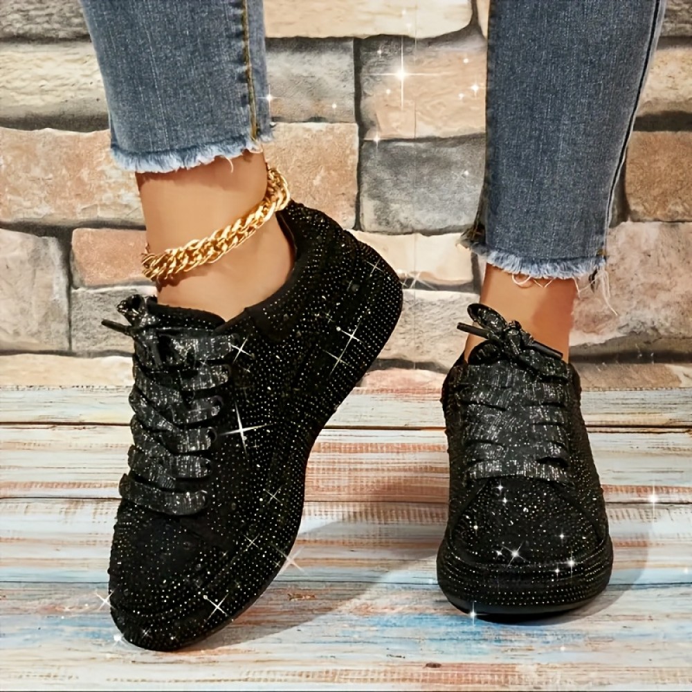 Women'S Sparkling Rhinestone Low-Top Sneakers - Comfortable & Durable Casual Shoes with Lace-Up Closure, Round Toe, and Rubber Sole for All-Day Wear, Ladies Sneakers