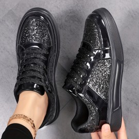 Women'S Glitter Golden Low-Top Sneakers - Lace-Up Casual Shoes with Sequin Detailing, PU Upper & EVA Sole, All-Season Comfort for Running, Travel & Daily Wear, Ladies Sneakers, Stylish Laceups, Durable Comfort