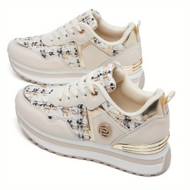 [Desai Women's Sneakers] Desai Women's Chic White & Golden Embellished Sneakers - PU & Fabric Upper, Thick Cushioned PVC Sole, Lace-Up Low-Top Casual Shoes for All-Season Comfort, Ladies Sneakers, Comfortable Footwear, Durable Footwear