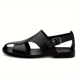 Men's Solid Color Close Toe Sandals, Comfy Non Slip Split Cow Leather Upper Rubber Sole Walking Shoes, Men's Summer Footwear