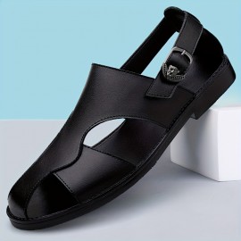 Men's Solid Color Close Toe Sandals, Comfy Non Slip Split Cow Leather Upper Rubber Sole Walking Shoes, Men's Summer Footwear