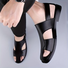 Men's Solid Color Close Toe Sandals, Comfy Non Slip Split Cow Leather Upper Rubber Sole Walking Shoes, Men's Summer Footwear