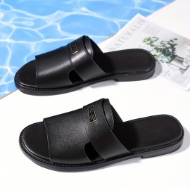 LL25222 Men's Stylish Black Slip-On Sandals - Super Fiber Synthetic, Round Toe, Rubber Sole, Summer Casual Comfort for Casual Attire