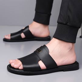 LL25222 Men's Stylish Black Slip-On Sandals - Super Fiber Synthetic, Round Toe, Rubber Sole, Summer Casual Comfort for Casual Attire