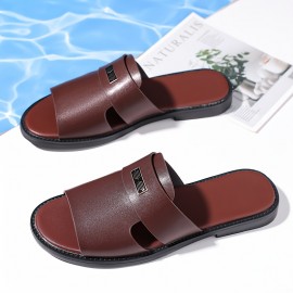 LL25222 Men's Stylish Black Slip-On Sandals - Super Fiber Synthetic, Round Toe, Rubber Sole, Summer Casual Comfort for Casual Attire