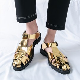 [Golden Dress Sandals] Metallic Golden Men's Business Casual Open-Toe Sandals | Adjustable Buckle Straps, Slip-On Synthetic Dress Shoes for Office, Semi-Formal & Streetwear - Breathable Rubber Sole, Summer Spring Formal Footwear