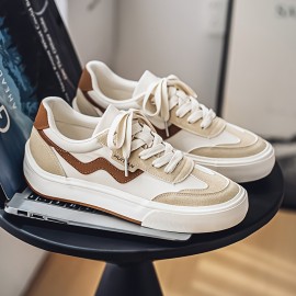 Men's Skate Shoes - Low-Top Sneakers Beige/White colorway, PU/Fabric Upper & Cushioned EVA Sole for Skateboarding, Streetwear, Everyday - Lace-Up Closure, All-Season Casual Shoes for Men, Roller Skate Shoes, Streetwear Footwear, Modern Roundtoe, Fabric Interior Lining