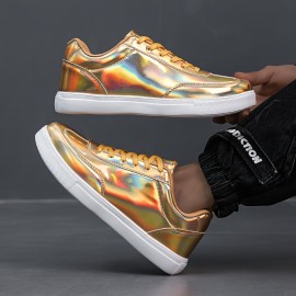 Men'S Stylish Solid Color Skate Sneakers - Non-Slip Lace-Up Low-Top Sneakers with Metallic Accents, Breathable Fabric Lining & EVA Cushioned Sole for Outdoor Casual Wear, Skate Shoes, Sleek Shoe Design, Durable Footwear