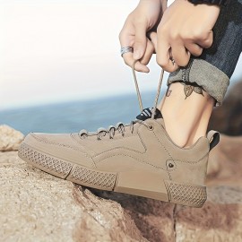 Men's Lace-Up Skate Shoes - Thick Cushioned Sole, Durable PU Upper & Rubber Outsole, All-Season Low-Top Casual Sneakers in Khaki for Outdoor & Daily Wear