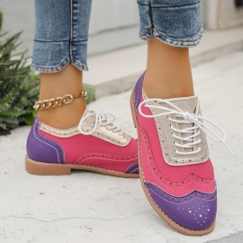 Women's Large Size Brogue Lace-Up Shoes - Vibrant Purple/Pink/Green/Black/Golden/Blue/Pinkish-Purple/Greenish-Purple, Round Toe Low-Top Ankle Boots with PU/PVC Sole, All-Season Casual & Formal Dress Shoes for Everyday & Special Occasions, Comfortable & Durable with EVA/Rubber Insole, PVC Lining, and Stylish Brogue Detailing for a Chic Look, Extra Wide Width Shoes for Women, Womens Casual Sneakers, Wide Fit Shoes for Women Plus Size, Coloured Sneakers for Women,