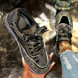 Women'S Glittery Rhinestone-Embellished Chunky Platform Sneakers - Black & White Low-Top Lace-Up Shoes with Round Toe, All-Season Comfort for Casual & Outdoor Wear, Ladies Sneakers, Shoe/sneaker For Women/lady, Basket For Women