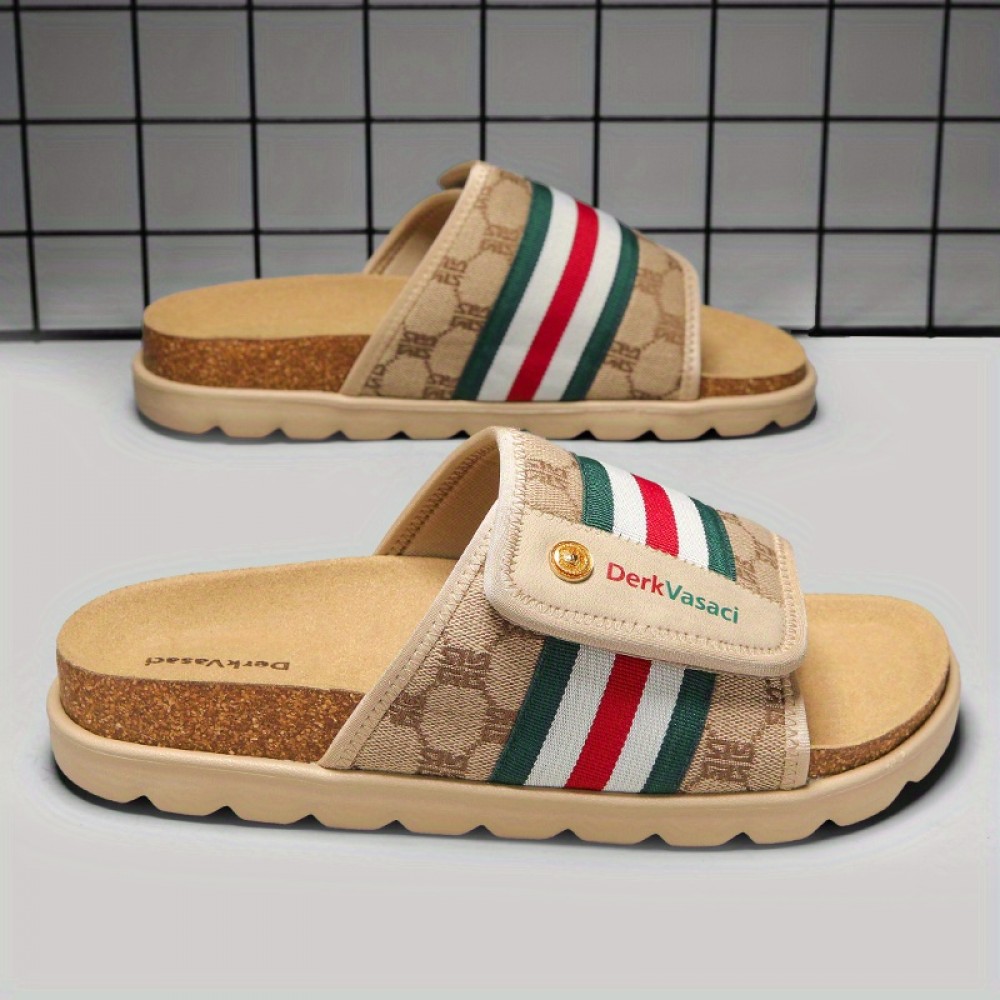 Men'S Comfortable Casual Beach Slippers, Breathable Striped Print with Brand Decorative Buttons and Embroidery, Flat Shoes High-Quality Casual Footwear, Suitable for Use in 11 Festivals