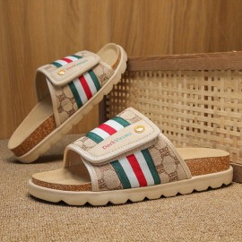 Men'S Comfortable Casual Beach Slippers, Breathable Striped Print with Brand Decorative Buttons and Embroidery, Flat Shoes High-Quality Casual Footwear, Suitable for Use in 11 Festivals