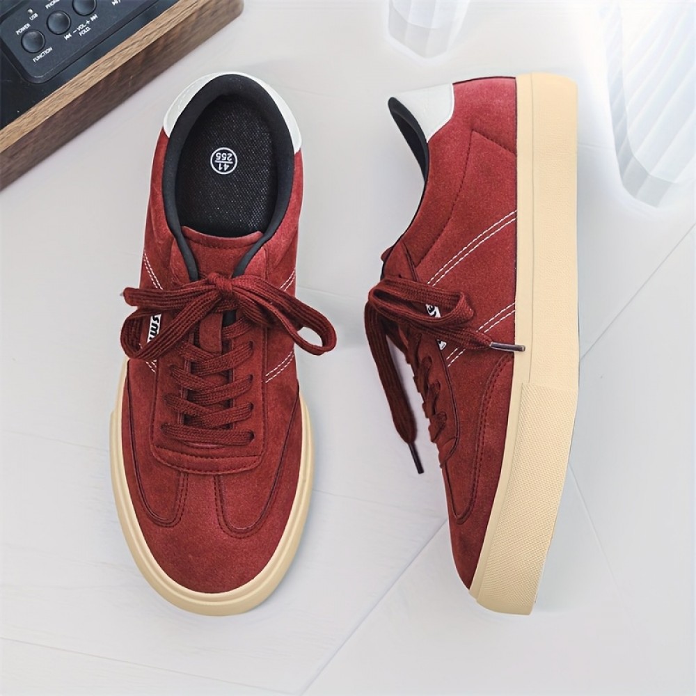 Men's Burgundy Low-Top Dopamine Shoes - Lace-Up Sneakers with Glossy Burgundy & Golden-Tan Trim, EVA Cushioned Arch, Solid Color Casual & Light Training Shoes for Spring/Fall, Skate Shoes, Gym, Semi-Formal - Minimalist Design, Durable -like Texture (No Laces Required) - Men's Fashion Sneakers with -like Upper & EVA Sole, Lace-Up Closure, Solid Color  Casual Sneakers for Men, Shoes for Men Casual, Mens Sneakers High Quality, Canvas Shoes, Wide Shoes for Men, Mens Sneakers